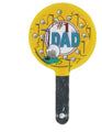 A round yellow 4″ Airfill Only (Sticks Sold Separately) #1 Dad Golf Balloon on a black stick, decorated with a golf theme and the text #1 DAD.