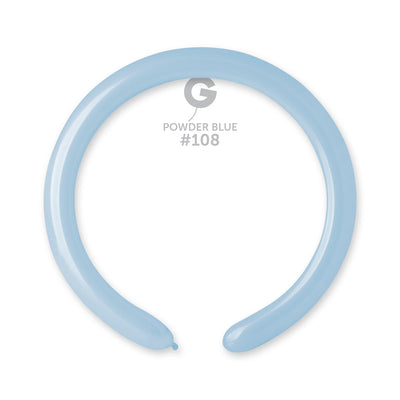 A light blue, sausage-shaped balloon is twisted into an open circle on a white background. Above it, text reads 260G Gemar Latex Balloons (Bag of 50) Modelling/Twisting Marshmallow Powder Blue.