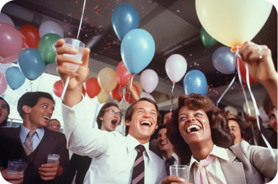 An office party scene with people cheering