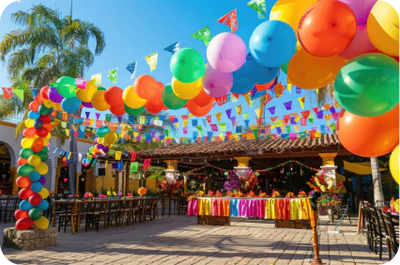 An outdoor square set up for a celebration with a large balloon arch in all colours of the rainbow