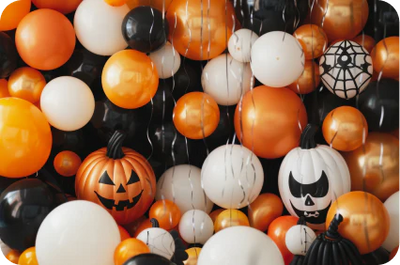 Orange, white, and black balloons, some shaped as pumpkins with faces, another with a spider web