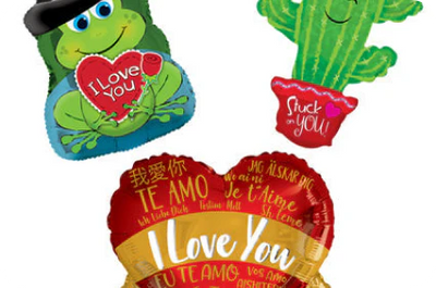 Frog, cactus, and heart shaped balloons on a white background