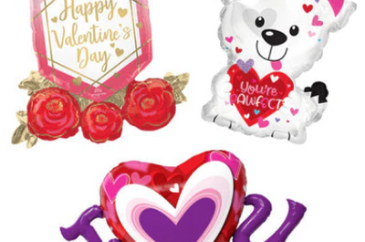 Rose and puppy shaped valentine balloons on a white background