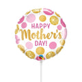 El globo Qualatex Airfill Only Happy Mother's Day Pink & Gold Dots de 9" presenta lunares rosas, dorados y brillantes con un llamativo mensaje "¡Feliz Día de la Madre!", ideal para decoraciones festivas. Los palos se venden por separado.