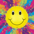 Add a fun touch to any party with the CTI 18" Smiley Two Sided Smiley Face Balloon, featuring a bright yellow smiley face on a colorful, starry background with splashes of orange, pink, blue, and purple.
