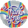 The CTI 18" Thank You Rainbow Foil Balloon features colorful stripes and bold white "Thank You" script—ideal as an appreciation gift for any event or celebration.
