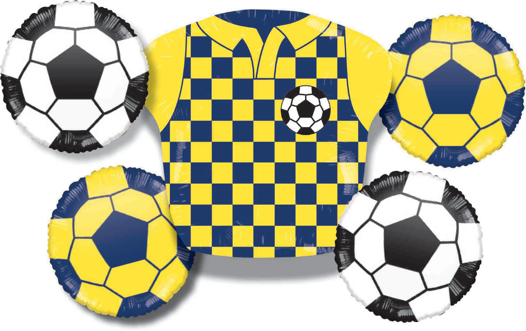 Bouquet 5pc Soccer Yellow With Blue Foil Balloon