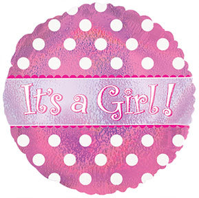 17" It's a Girl Holographic Dots Mylar Balloon Packaged