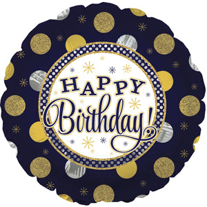 17" Happy Birthday Navy Gold & Silver Foil Balloon