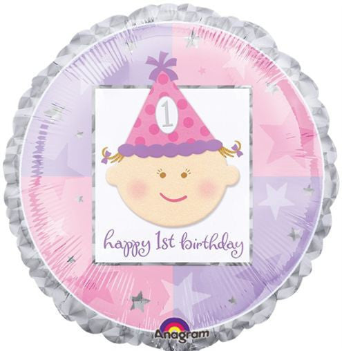 18" 1st Birthday Girl Holographic Balloon