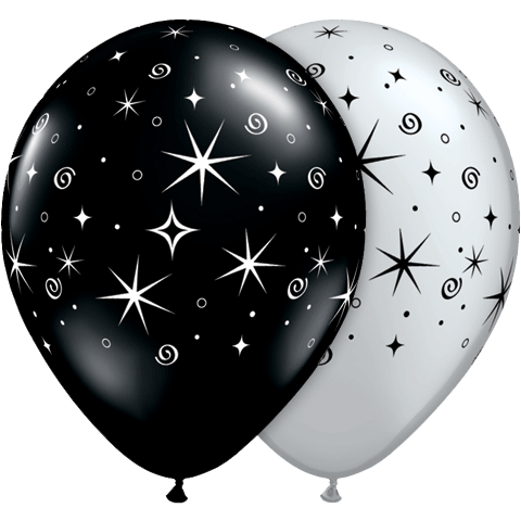 11" Sparkles & Swirls Silver & Onyx Black (50 Per Bag) Latex Balloons