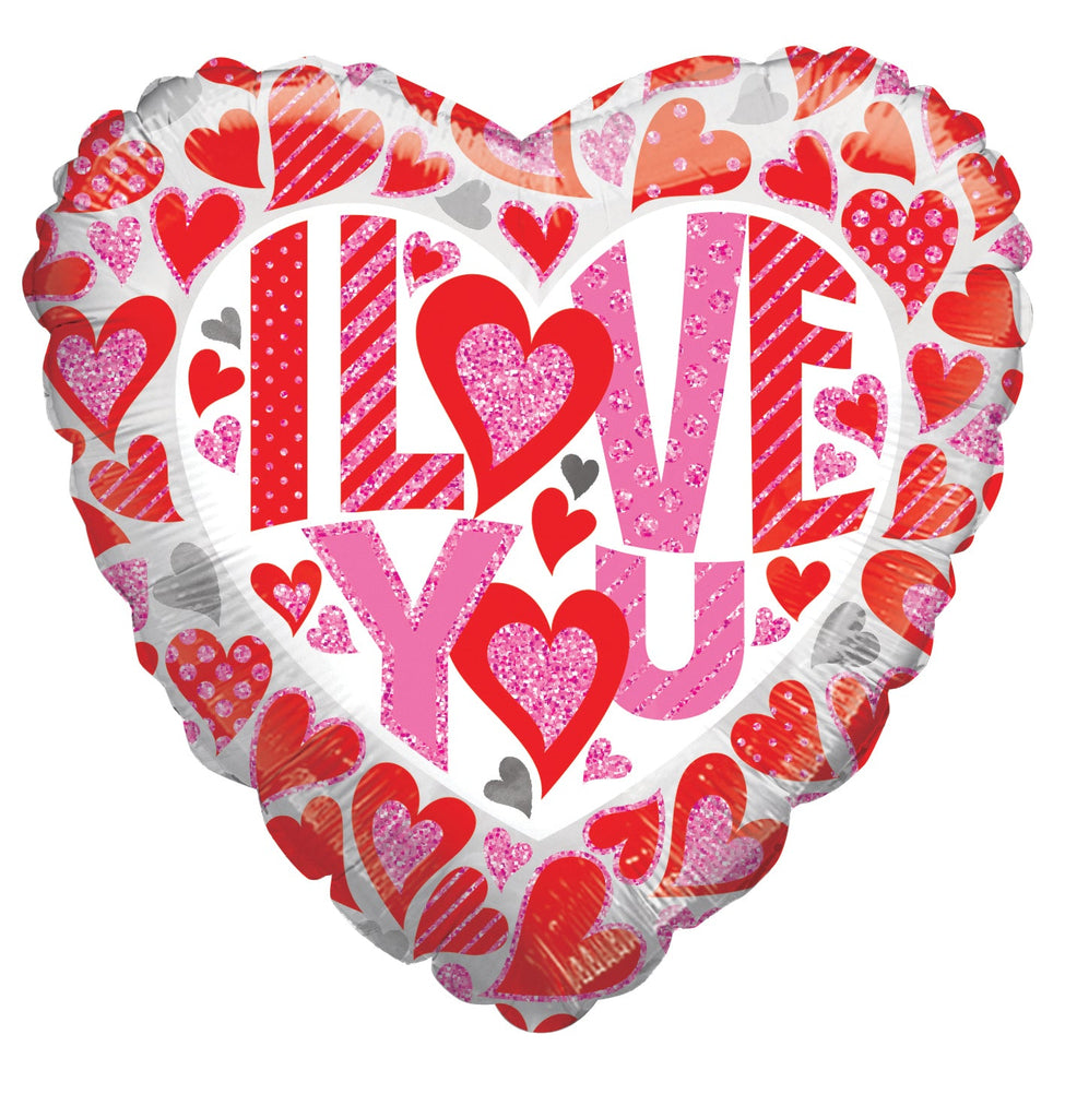 18" I Love You Glitter Hearts Holographic Foil Balloon