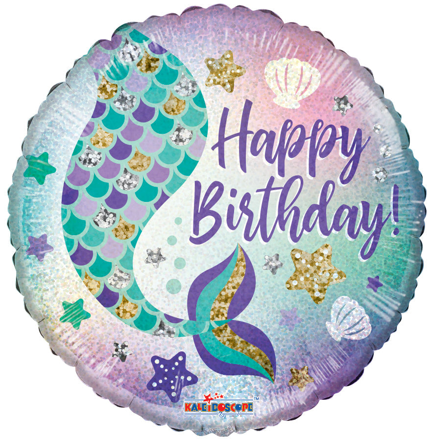 18" Birthday Mermaid Holographic Round Foil Balloon