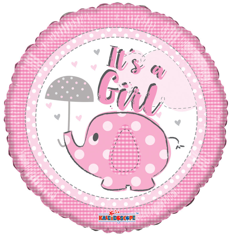 18" It's A Girl Elephant With Umbrella Round Foil Balloon