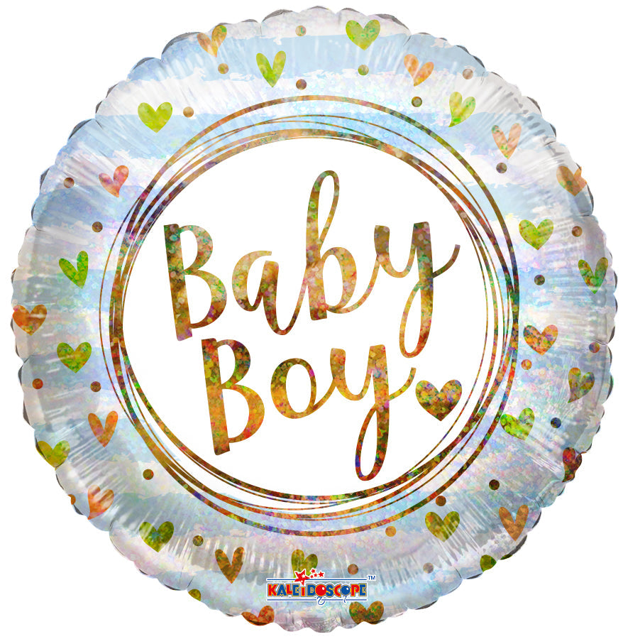 18" Baby Boy Ring And Hearts Holographic Foil Balloons