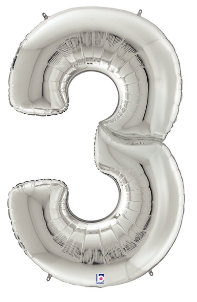 64" Foil Shaped Gigaloon Balloon Packaged Number 3 Silver