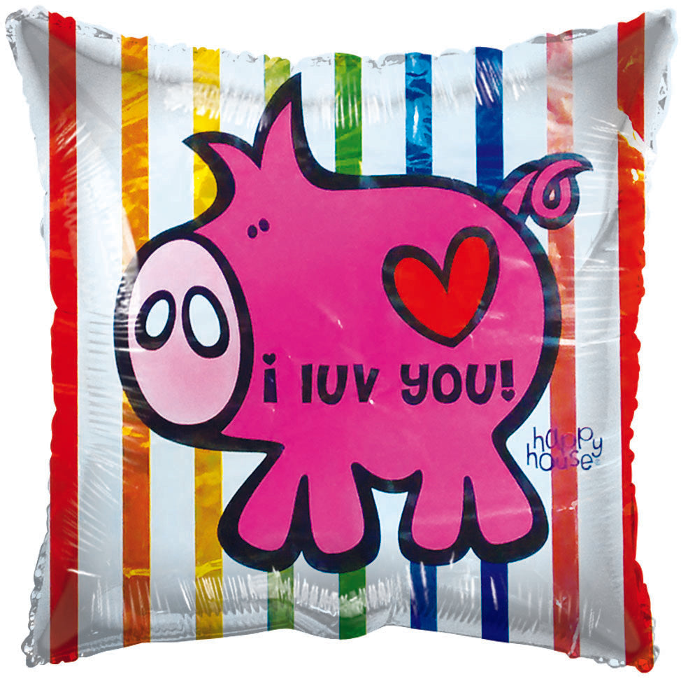 18" I luv You! Pink Pig Striped Background Foil Balloon