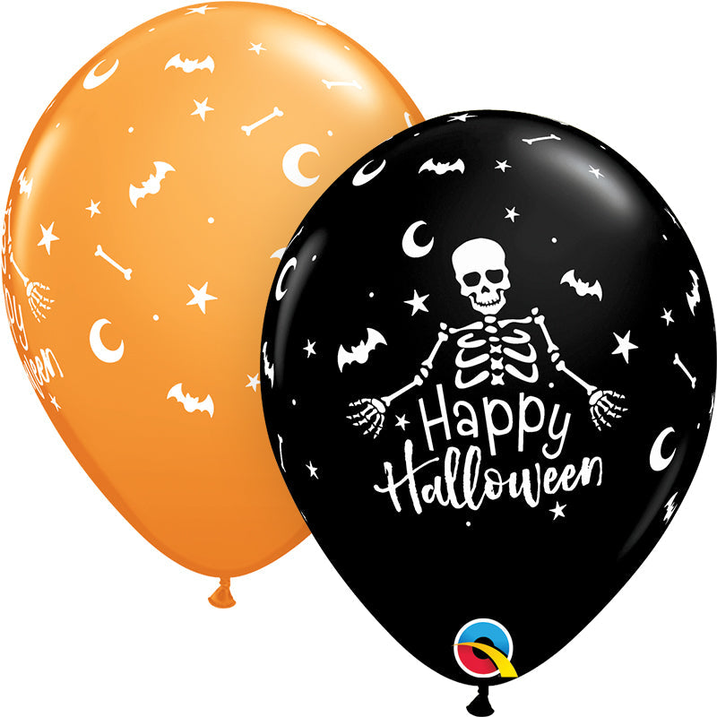 11" Happy Halloween Skeleton (50 Per Bag) Onyx Black, Orange Latex Balloon