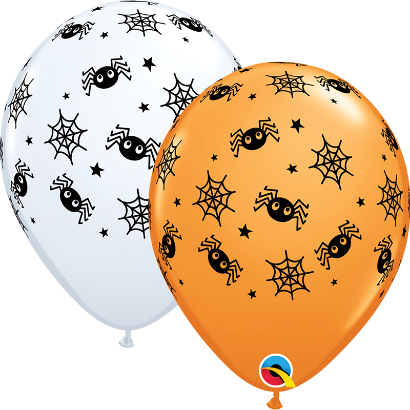 11" Spiders Webs & Stars Orange and White (50 Per Bag) Latex Balloons