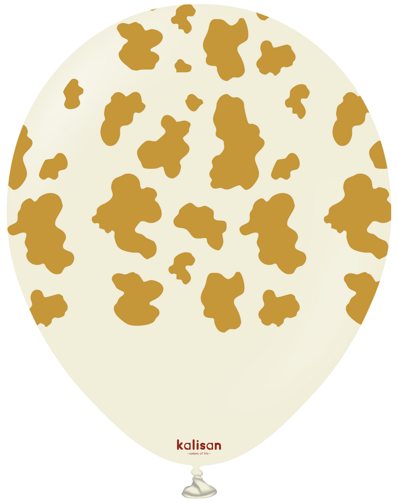 12" Kalisan Safari Cow White Sand (Printed Gold-(25 Per Bag) Latex Balloons