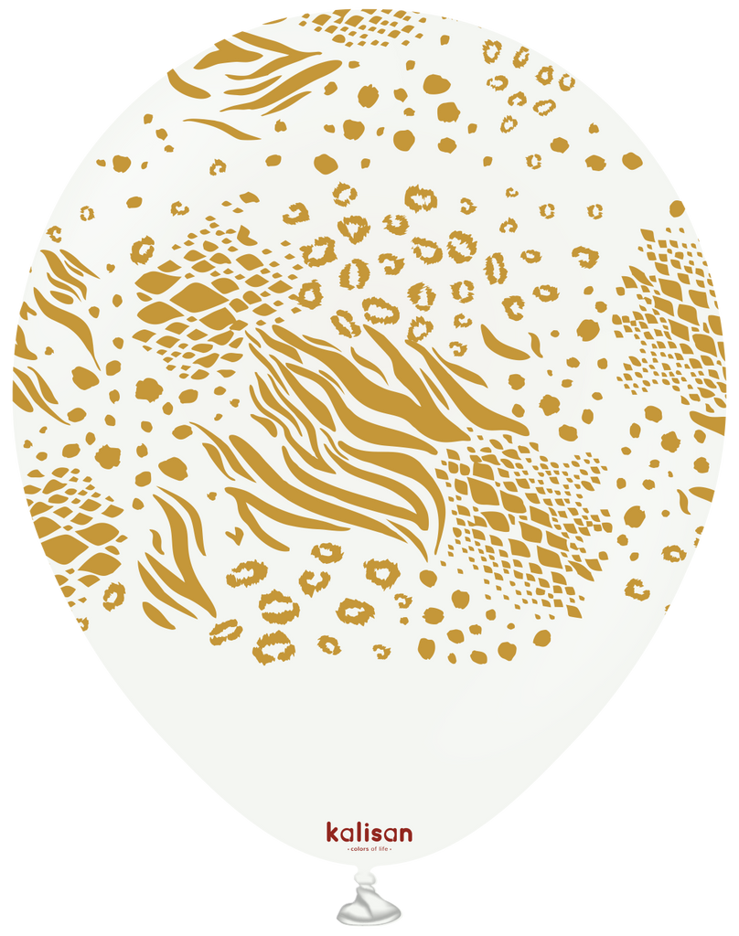 12" Kalisan Safari Mutant White (Printed Gold-(25 Per Bag) Latex Balloons