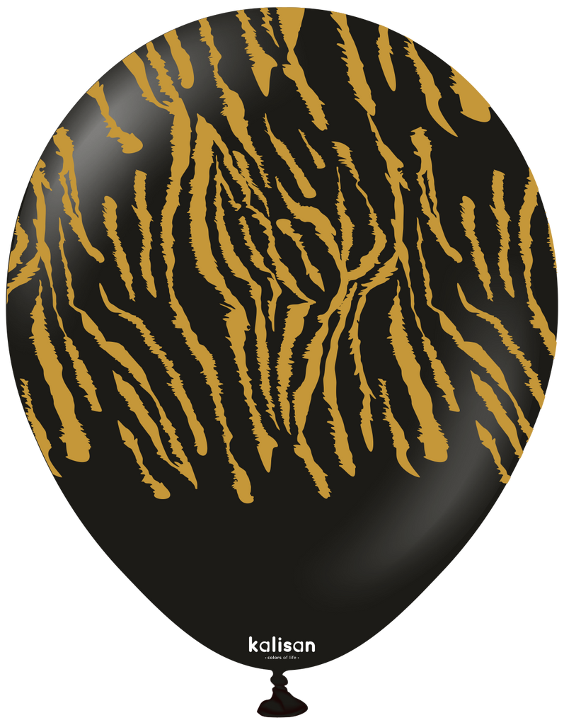 12" Kalisan Safari Tiger Black (Printed Gold-(25 Per Bag) Latex Balloons