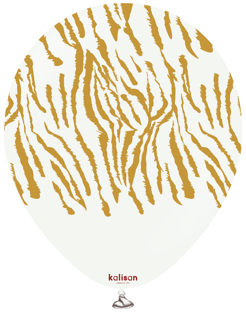 12" Kalisan Safari Tiger White (Printed Gold-(25 Per Bag) Latex Balloons