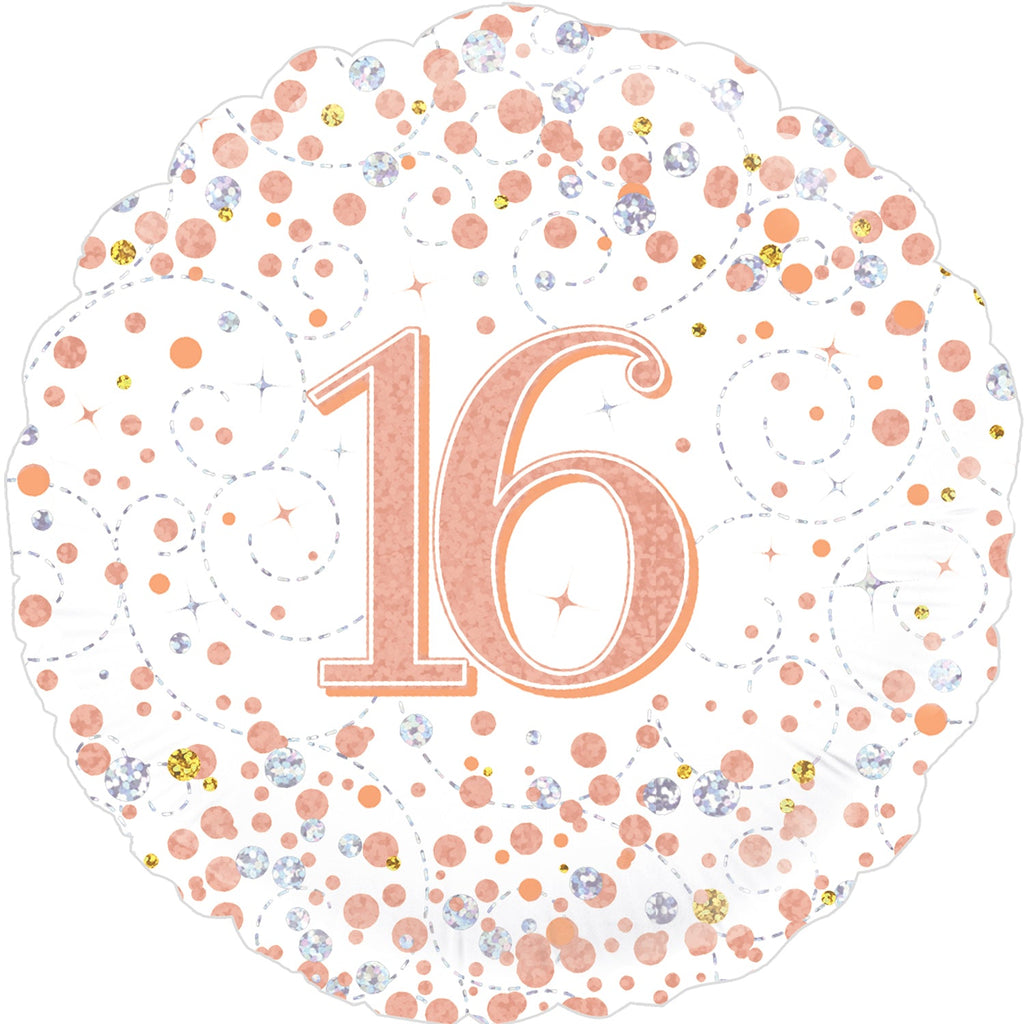 18" 16th Sparkling Fizz Birthday White & Rose Gold Holographic Oaktree Foil Balloon
