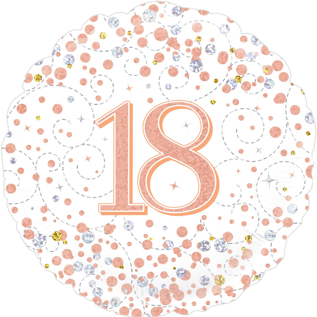 18" 18th Sparkling Fizz Birthday White & Rose Gold Holographic Oaktree Foil Balloon