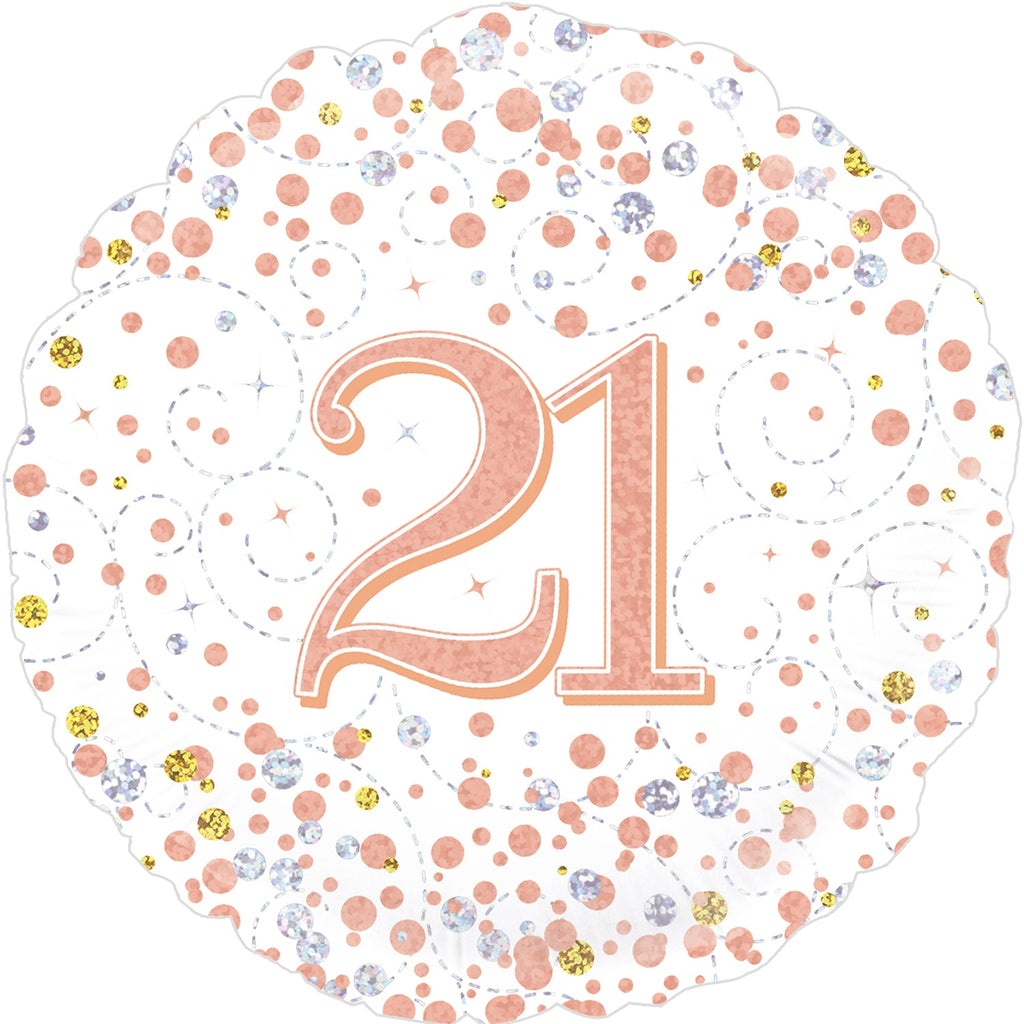 18" 21st Sparkling Fizz Birthday White & Rose Gold Holographic Oaktree Foil Balloon