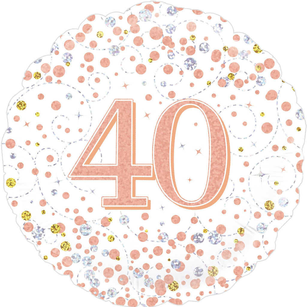 18" 40th Sparkling Fizz Birthday White & Rose Gold Holographic Oaktree Foil Balloon