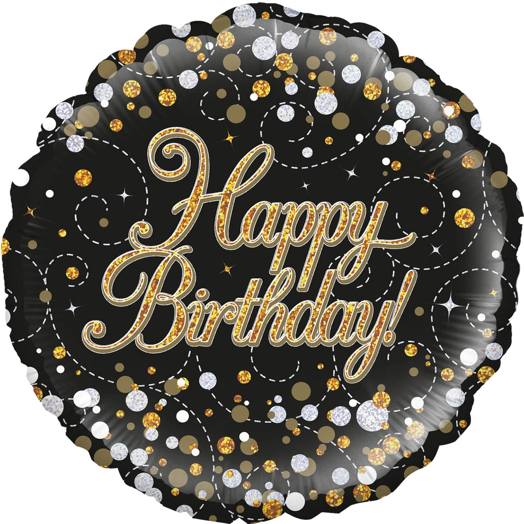 18" Sparkling Fizz Birthday Black & Gold Holographic Oaktree Foil Balloon