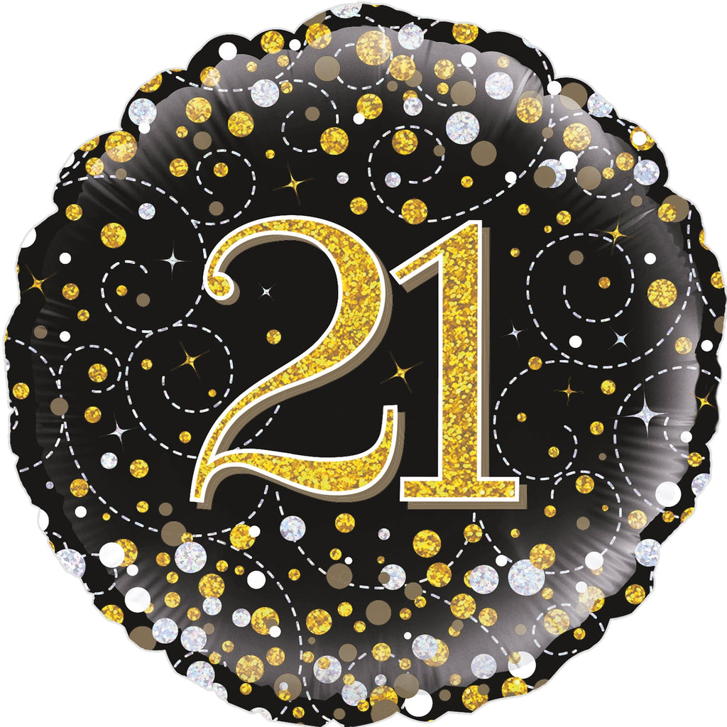 18" 21st Sparkling Fizz Birthday Black & Gold Holographic Oaktree Foil Balloon