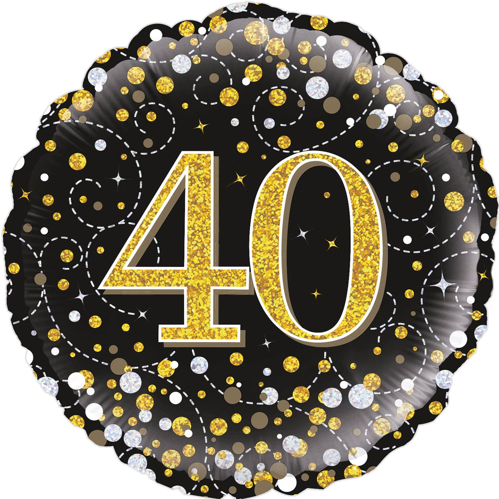 18" 40th Sparkling Fizz Birthday Black & Gold Holographic Oaktree Foil Balloon