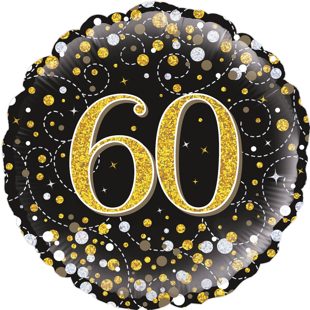 18" 60th Sparkling Fizz Birthday Black & Gold Holographic Oaktree Foil Balloon