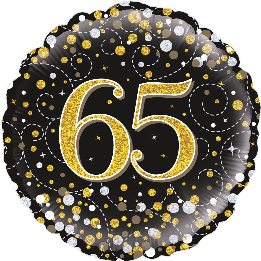 18" 65th Sparkling Fizz Birthday Black & Gold Holographic Oaktree Foil Balloon