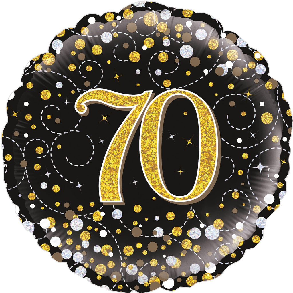18" 70th Sparkling Fizz Birthday Black & Gold Holographic Oaktree Foil Balloon
