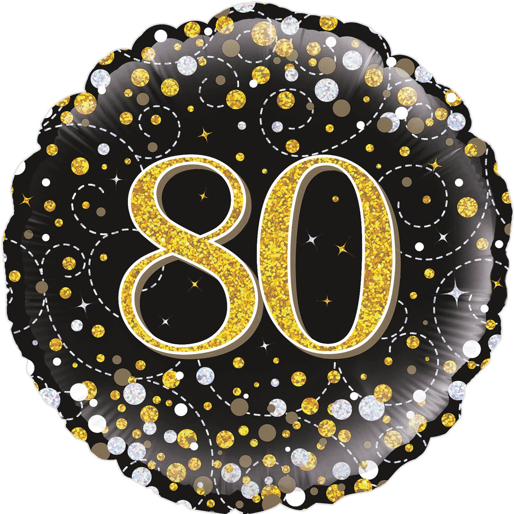 18" 80th Sparkling Fizz Birthday Black & Gold Holographic Oaktree Foil Balloon
