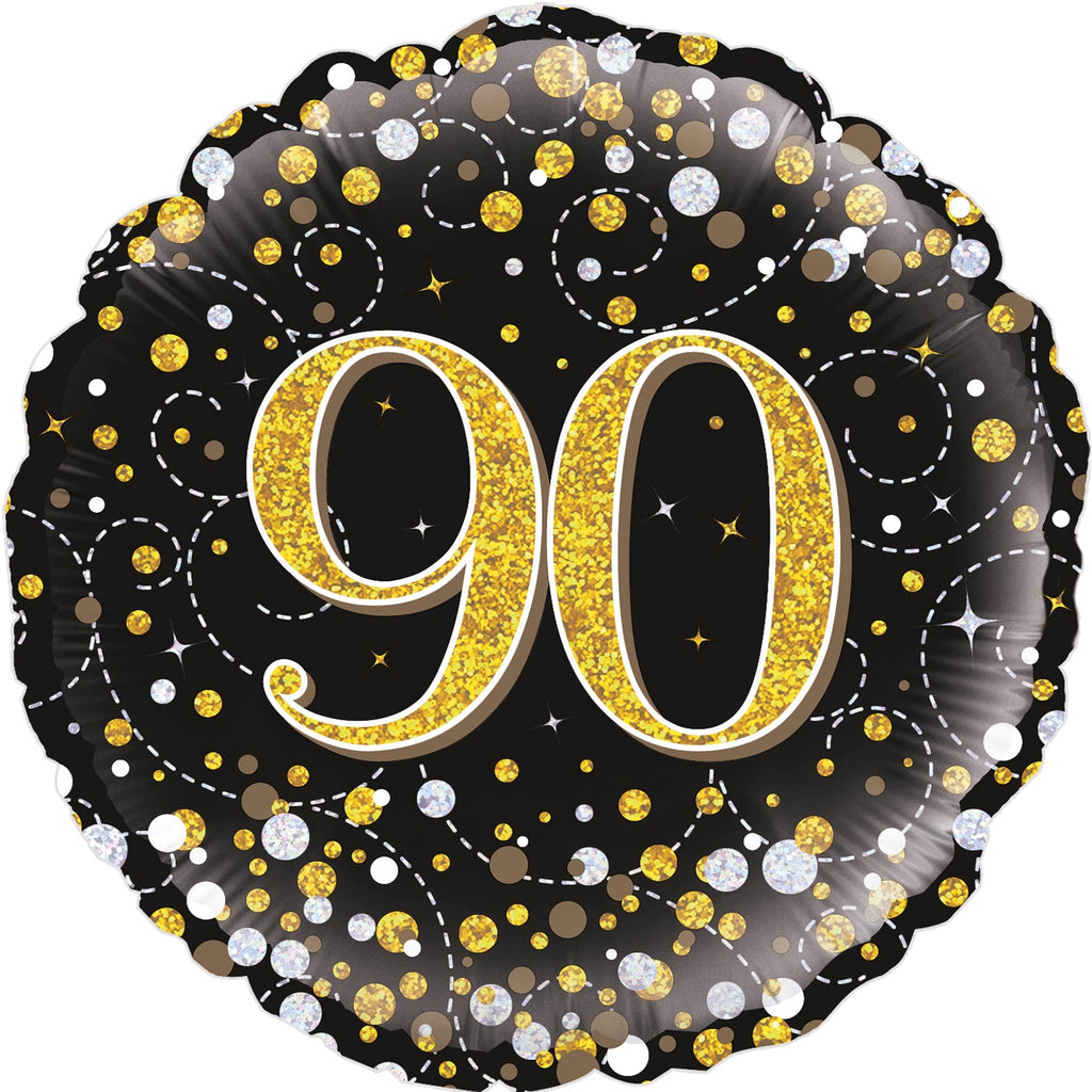 18" 90th Sparkling Fizz Birthday Black & Gold Holographic Oaktree Foil Balloon