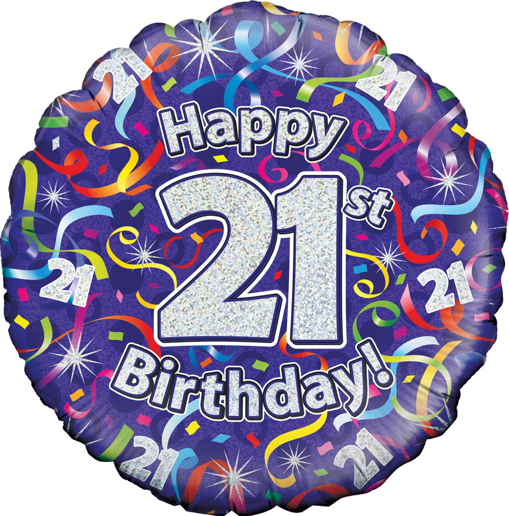18" 21st Birthday Streamers Holographic Oaktree Foil Balloon