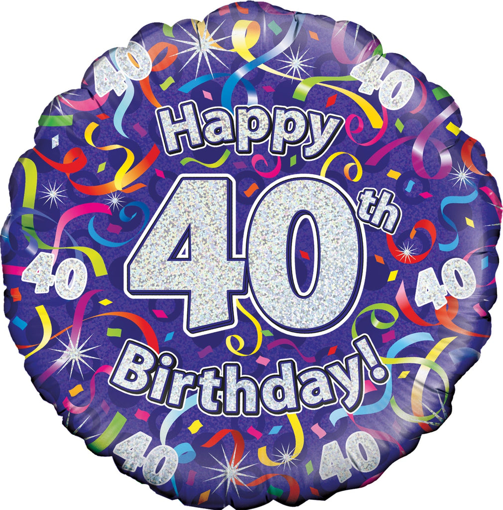18" 40th Birthday Streamers Holographic Oaktree Foil Balloon