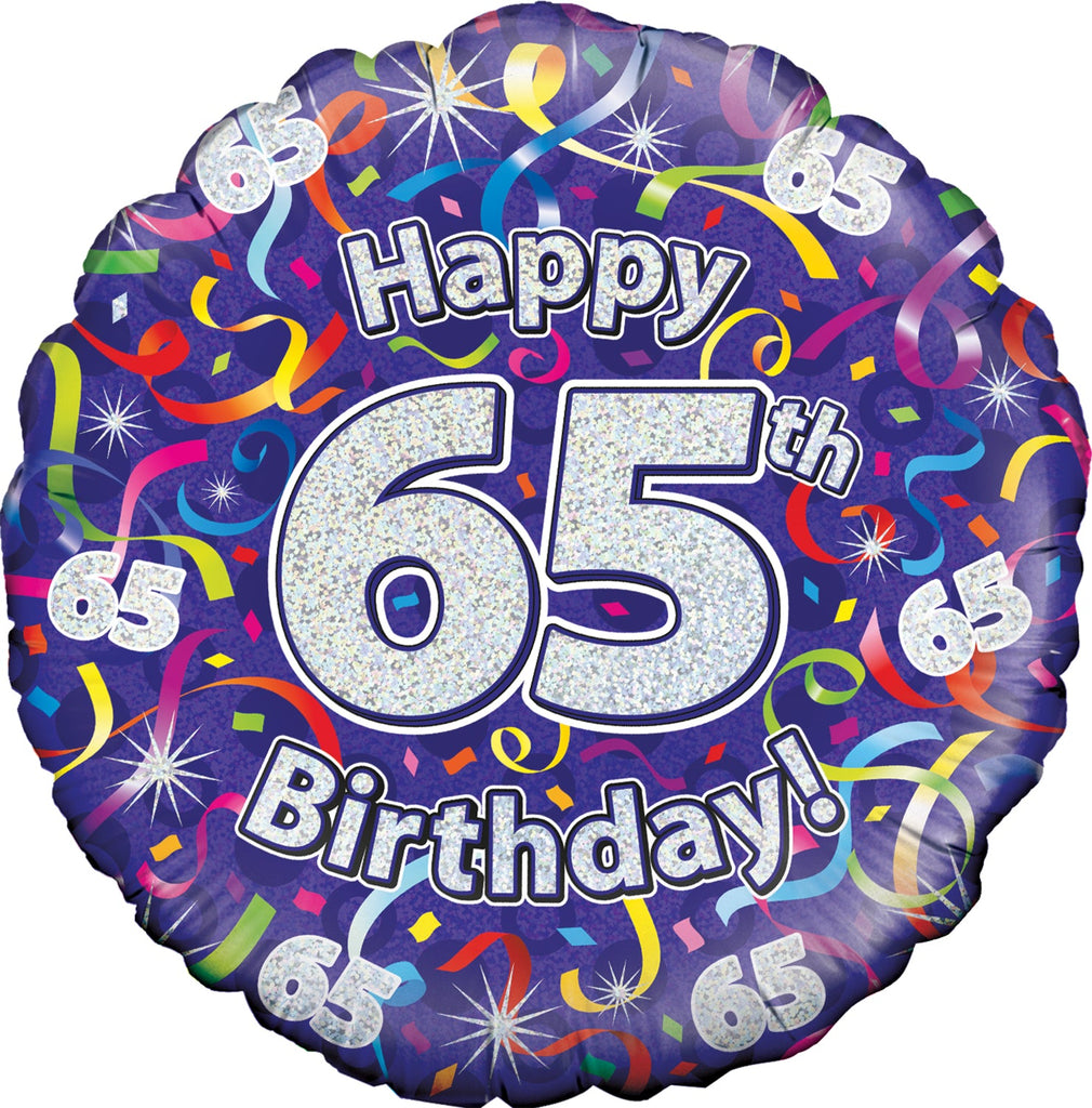 18" 65th Birthday Streamers Holographic Oaktree Foil Balloon