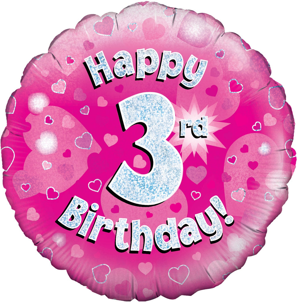 18" Happy 3rd Birthday Pink Holographic Oaktree Foil Balloon
