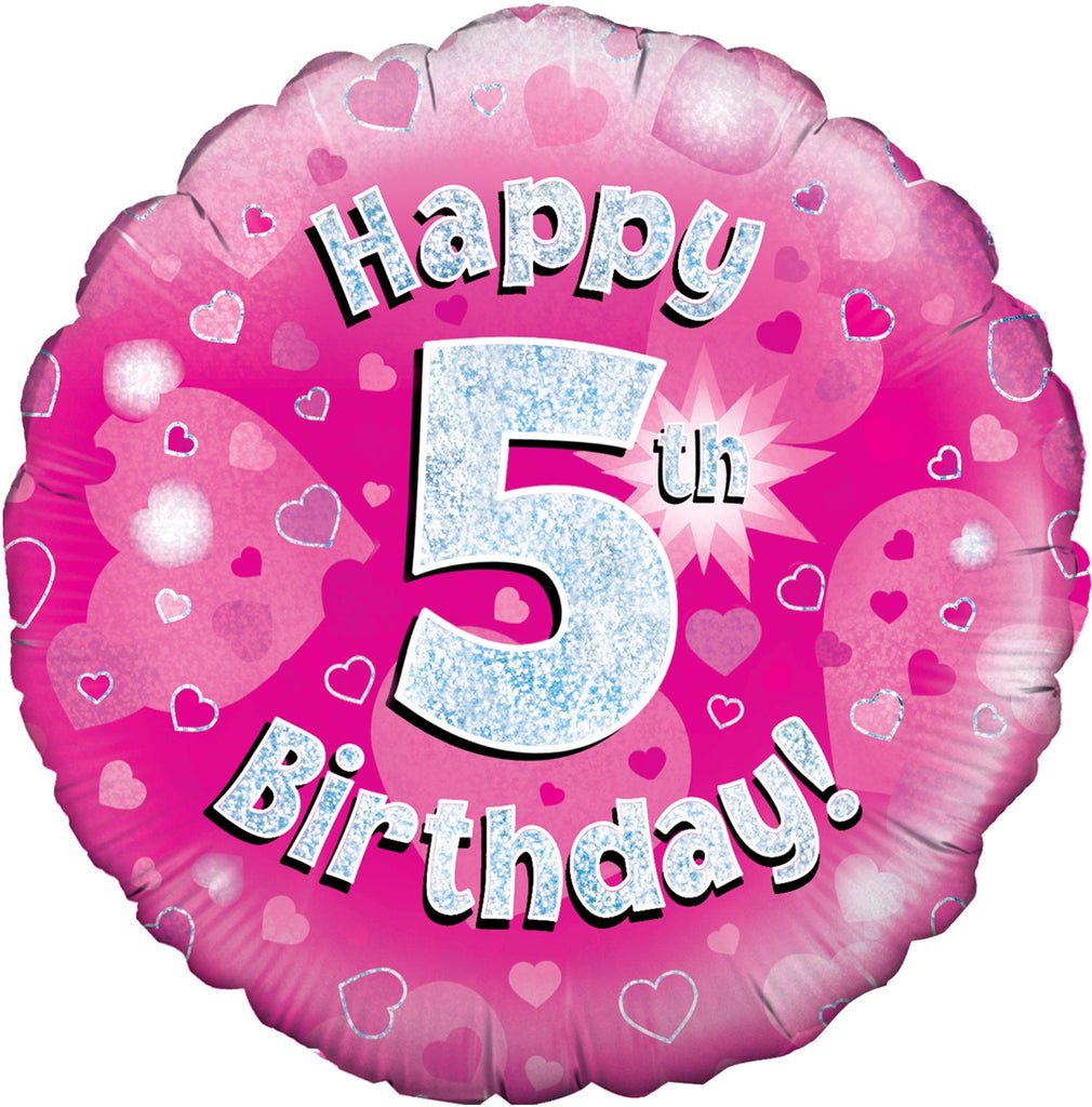 18" Happy 5th Birthday Pink Holographic Oaktree Foil Balloon