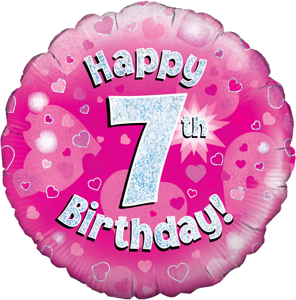 18" Happy 7th Birthday Pink Holographic Oaktree Foil Balloon
