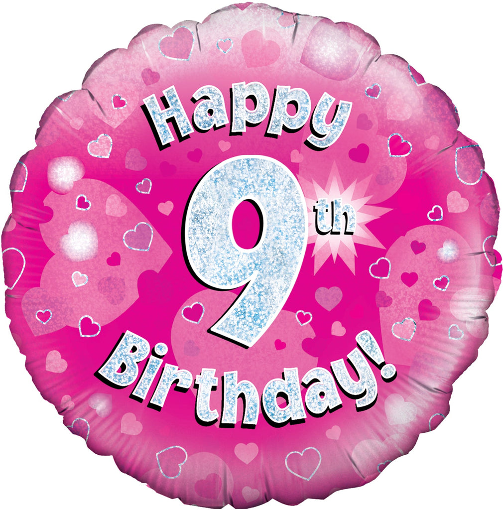 18" Happy 9th Birthday Pink Holographic Oaktree Foil Balloon