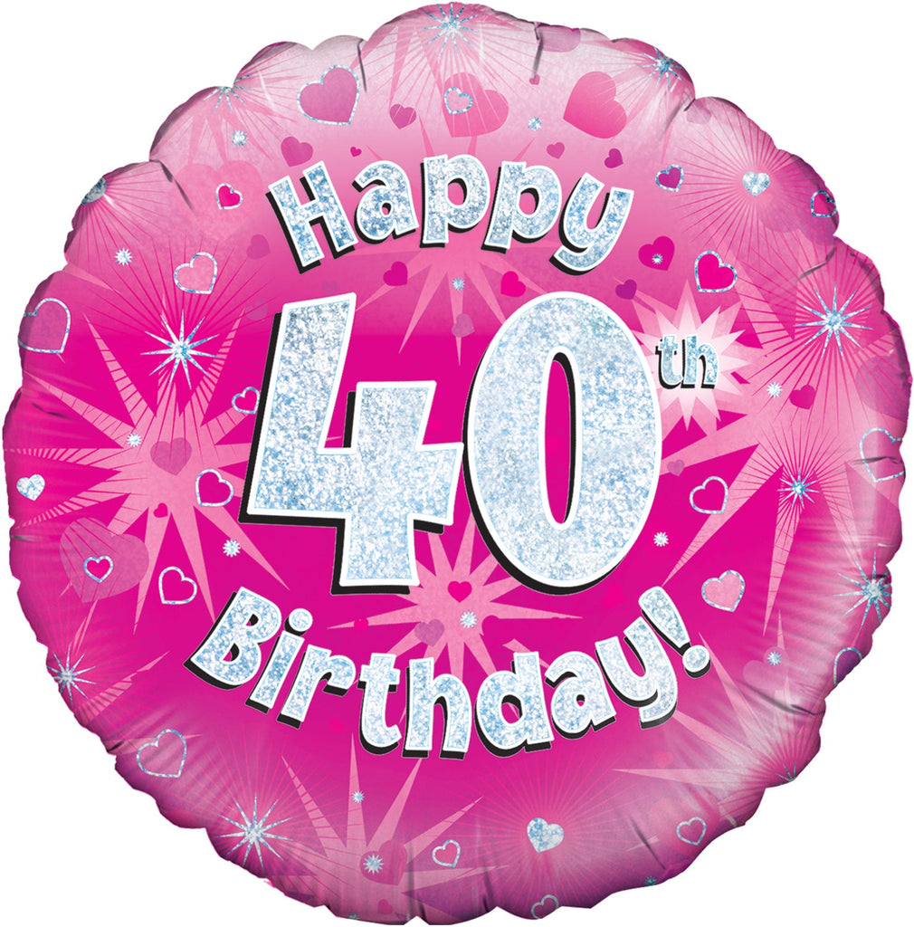 18" Happy 40th Birthday Pink Holographic Oaktree Foil Balloon