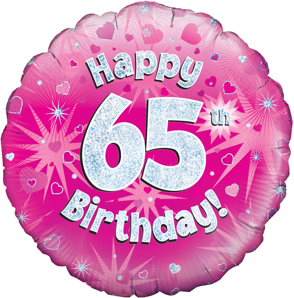 18" Happy 65th Birthday Pink Holographic Oaktree Foil Balloon