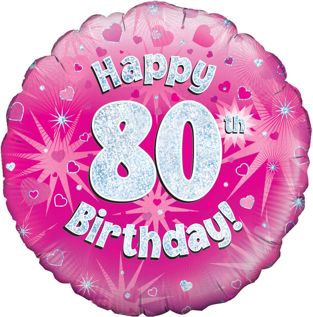 18" Happy 80th Birthday Pink Holographic Oaktree Foil Balloon