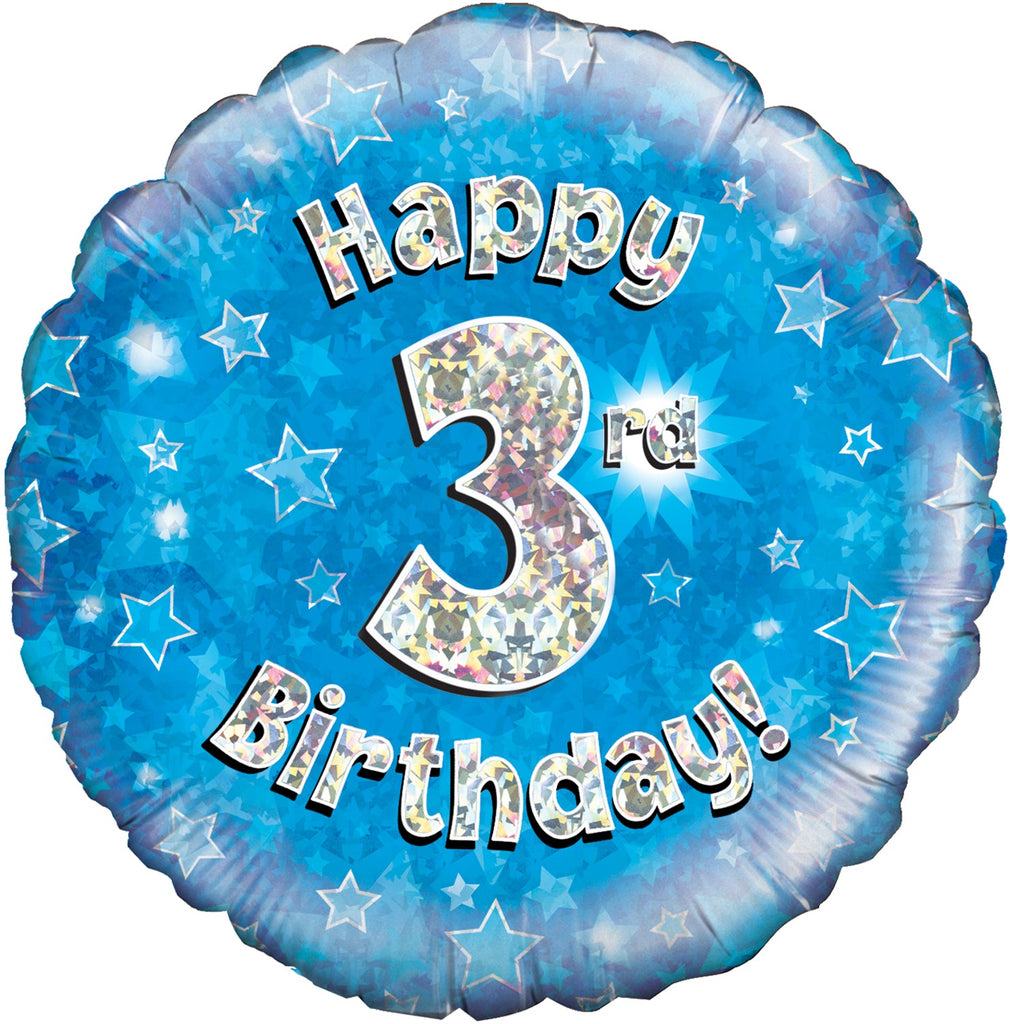 18" Happy 3rd Birthday Blue Holographic Oaktree Foil Balloon